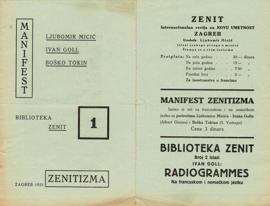 Manifest Zenitizma Ljubomira Mici&cacute;a iz 1921. god.